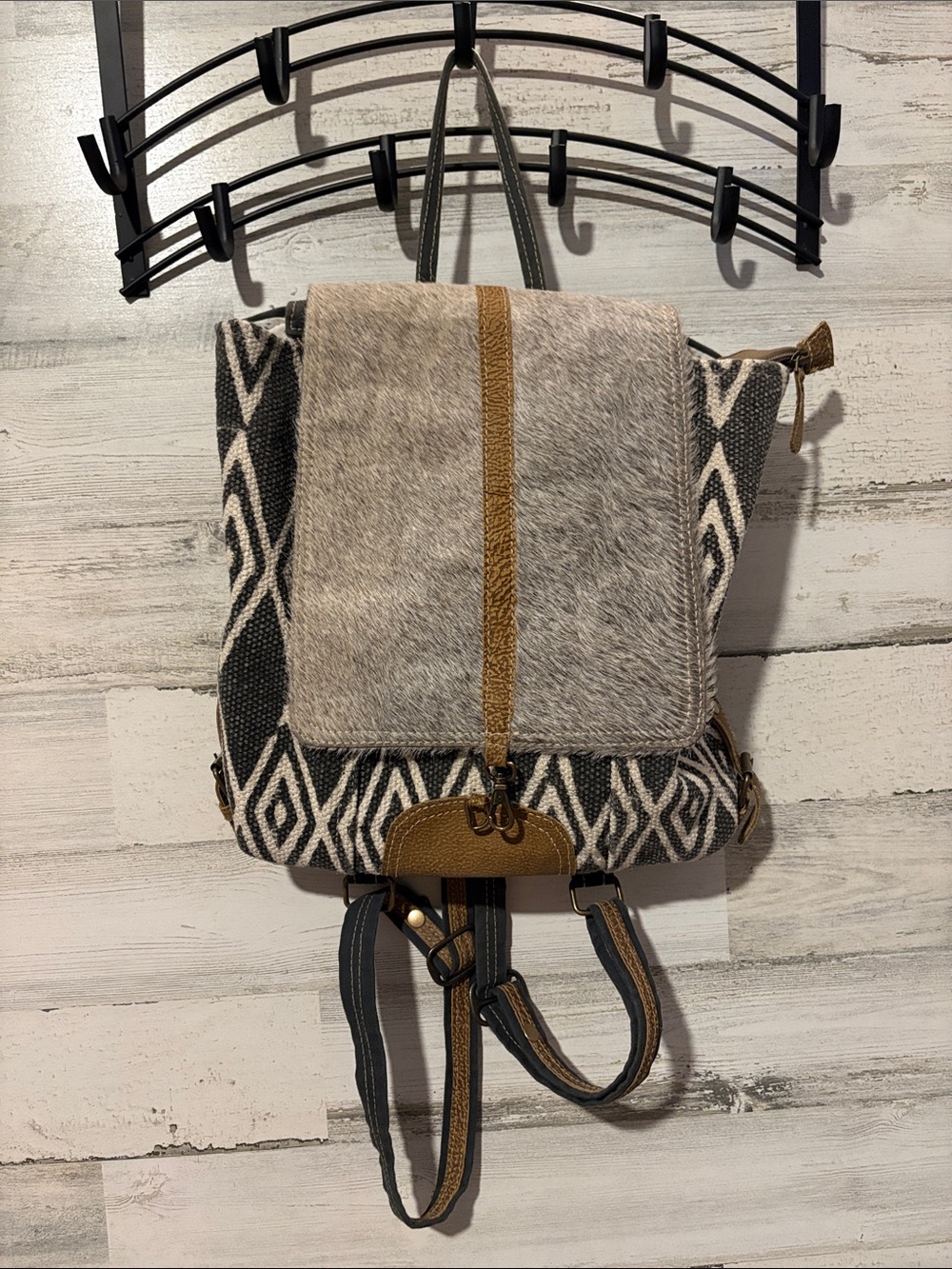 Stylish Patterned Canvas & Faux Fur Backpack - Gray and Brown